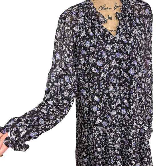 Intermix Dory Floral Chiffon Silk Mini Dress Black Lined Ruffle Long Sleeve 12 - Picture 5 of 10